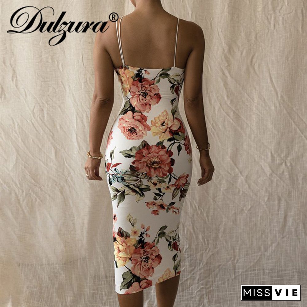 Dulzura Flower Print Women Strap Midi Dress Bodycon Sexy Streetwear Party Club Elegant Vintage Summer Clothes Fashion