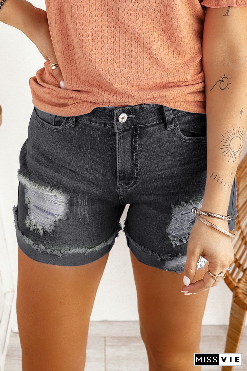 Distressed Ripped Rolled Hem Black Denim Shorts