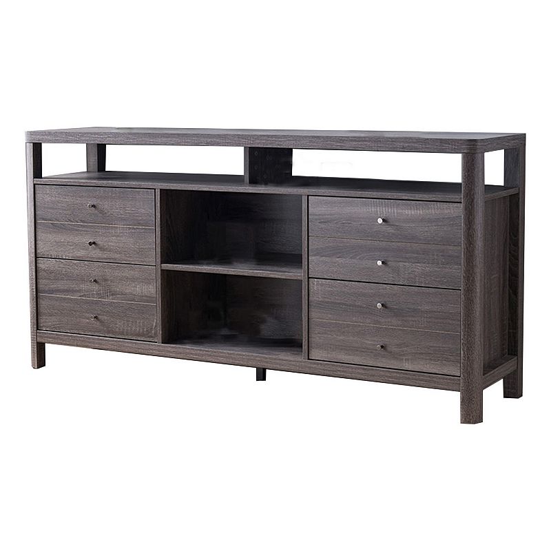 Wooden Frame Buffet with 4 Drawers and 4 Open Compartments， Gray