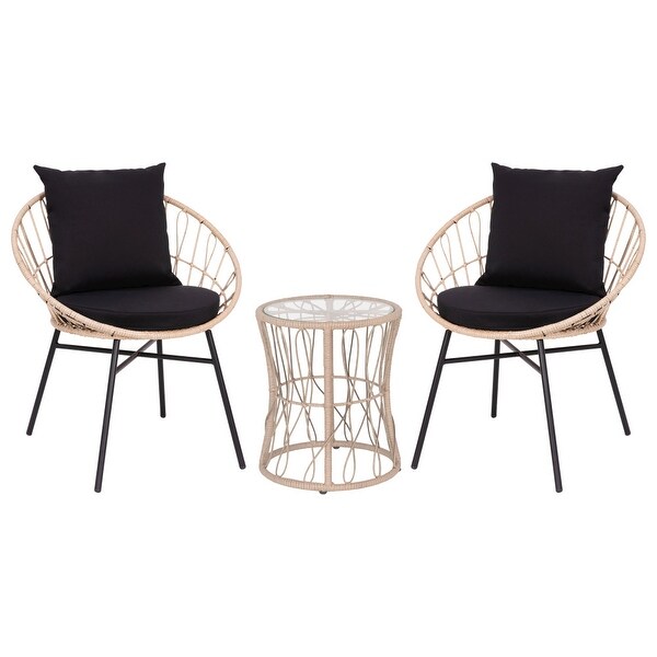 Indoor/Outdoor Rattan Rope Bistro Set，Glass Top Table and Cushions