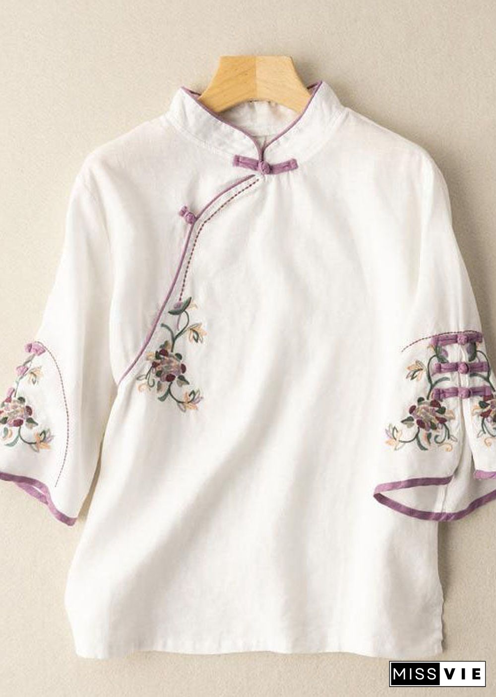 Casual White Embroideried Button Blouse Tops Half Sleeve