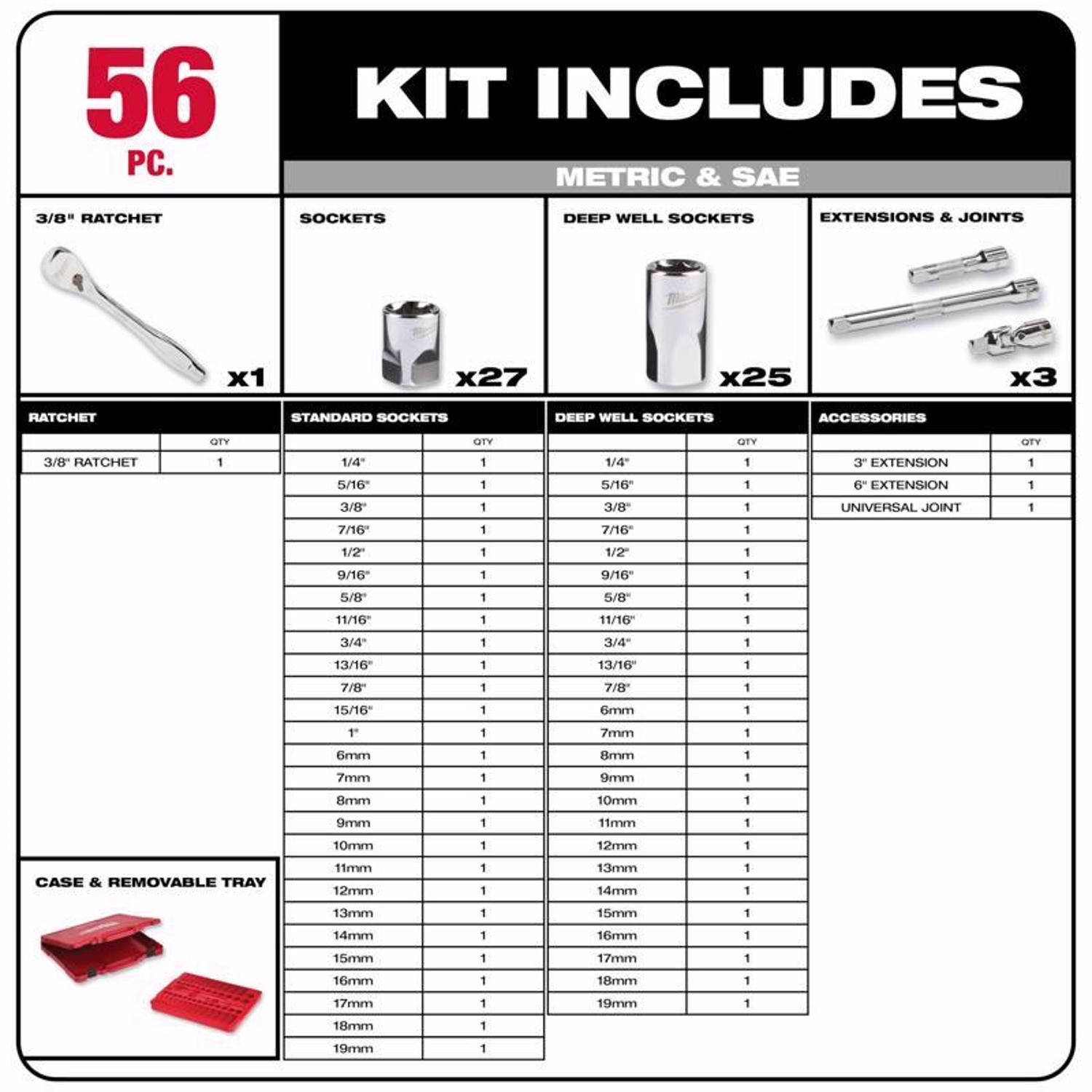 MW 3/8 in. drive Metric and SAE Mechanics Socket and Ratchet Set 56 pc