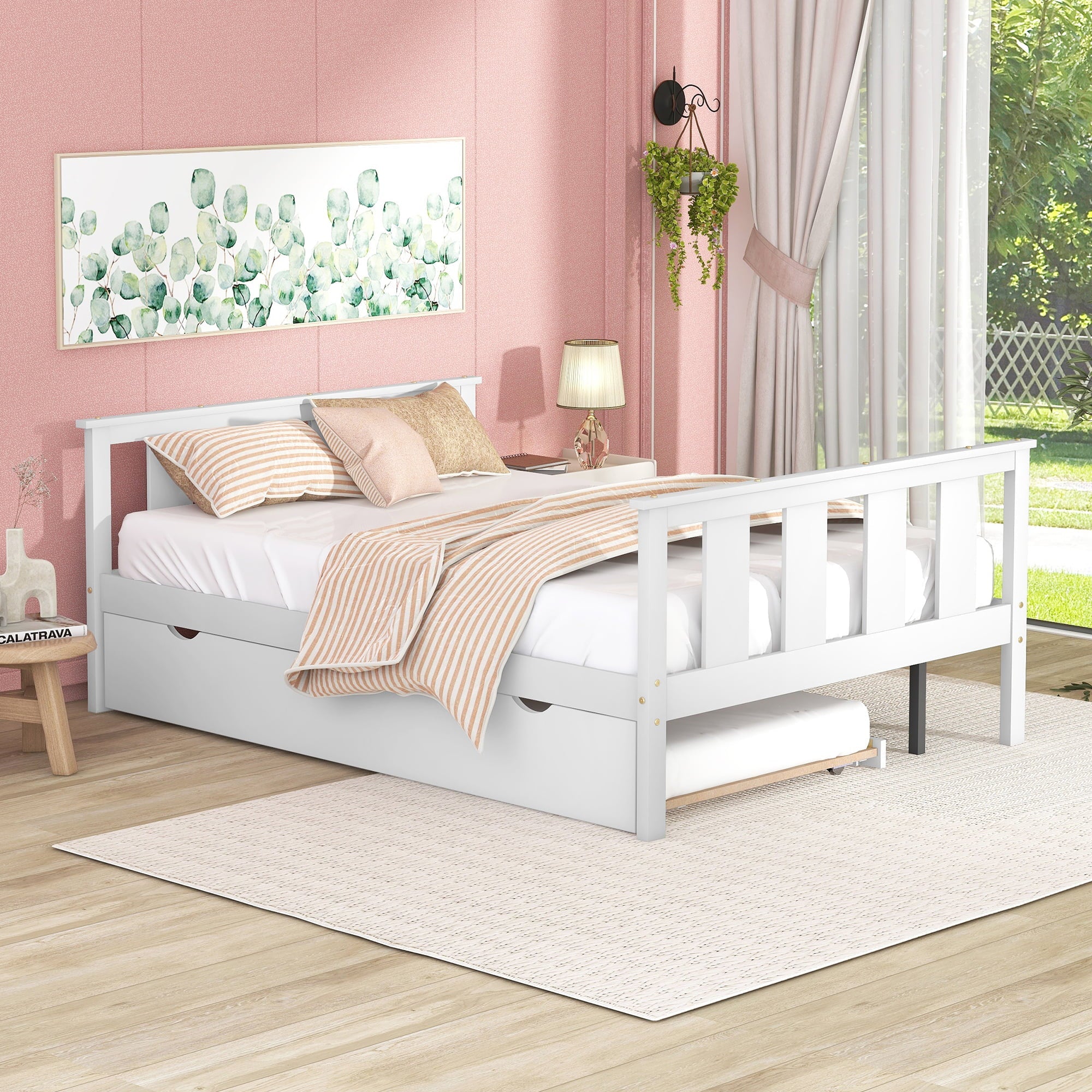 BTMWAY Full Bed with Trundle, Modern Full Size Solid Wood Platform Bed Frame with Headboard, Footboard and Trundle Included, No Box Spring Needed, Trundle Bed for Kids Teens Adults, White