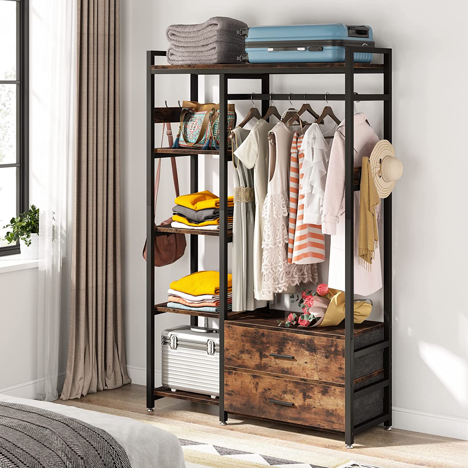 Freestanding Closet Organizer, Garment Rack with 2 Fabric Drawers