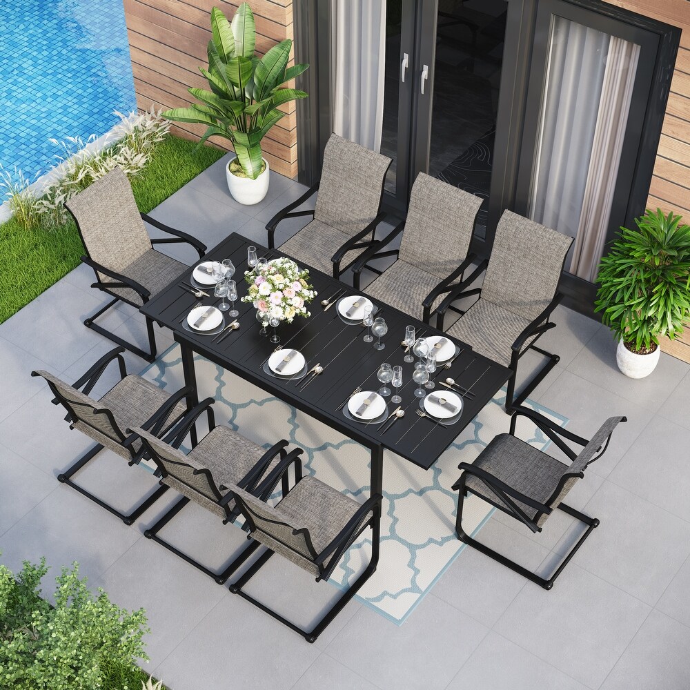 9 pc. Patio Dining Set w/ 1 Extendable Rect. Table and 8 Spring Motion Textilene Chairs