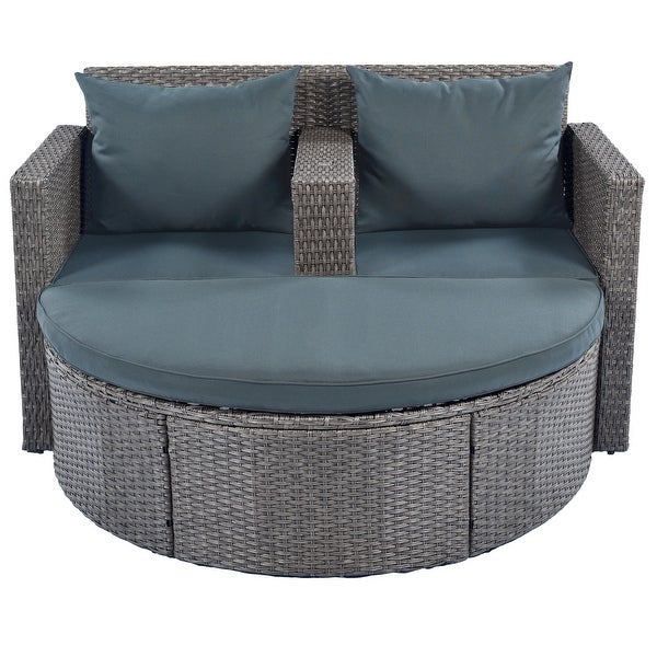 2-Pieces Outdoor Patio Garden Half-Moon Sectional Furniture Set for 2， PE Wicker Cushion Sofa Set with Side Table for Umbrella - Overstock - 37476145