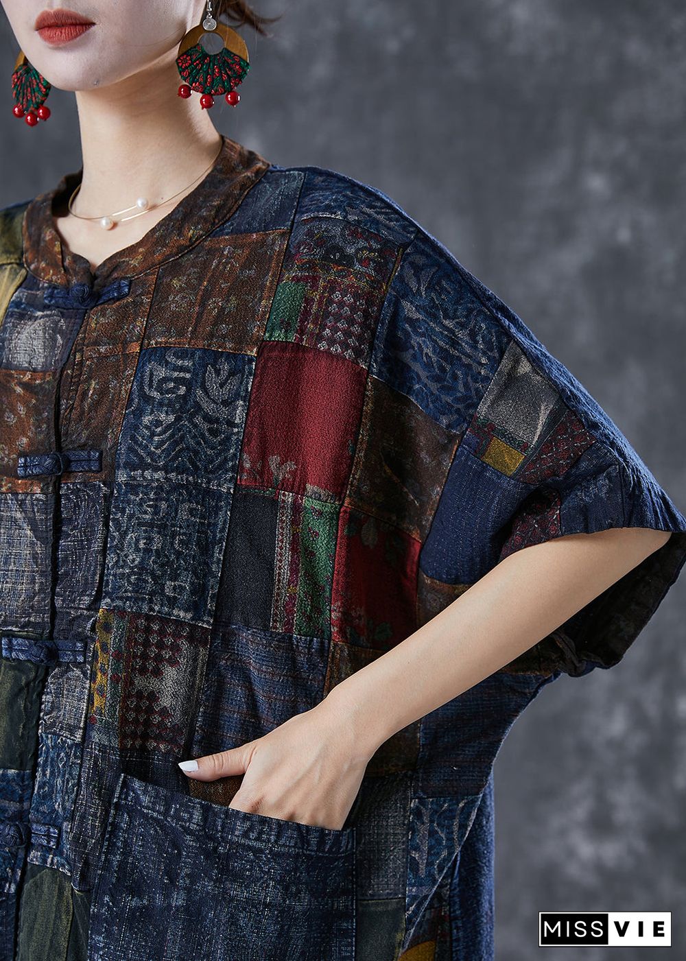 Art Navy Oversized Patchwork Chinese Button Denim Cardigans Summer