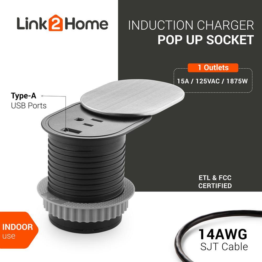 Link2Home 1-Power-Outlet Space Saver Grommet Socket 1 USB Port 2.4 Amp Splash Resistant in Stainless-Steel EM-PU-300E