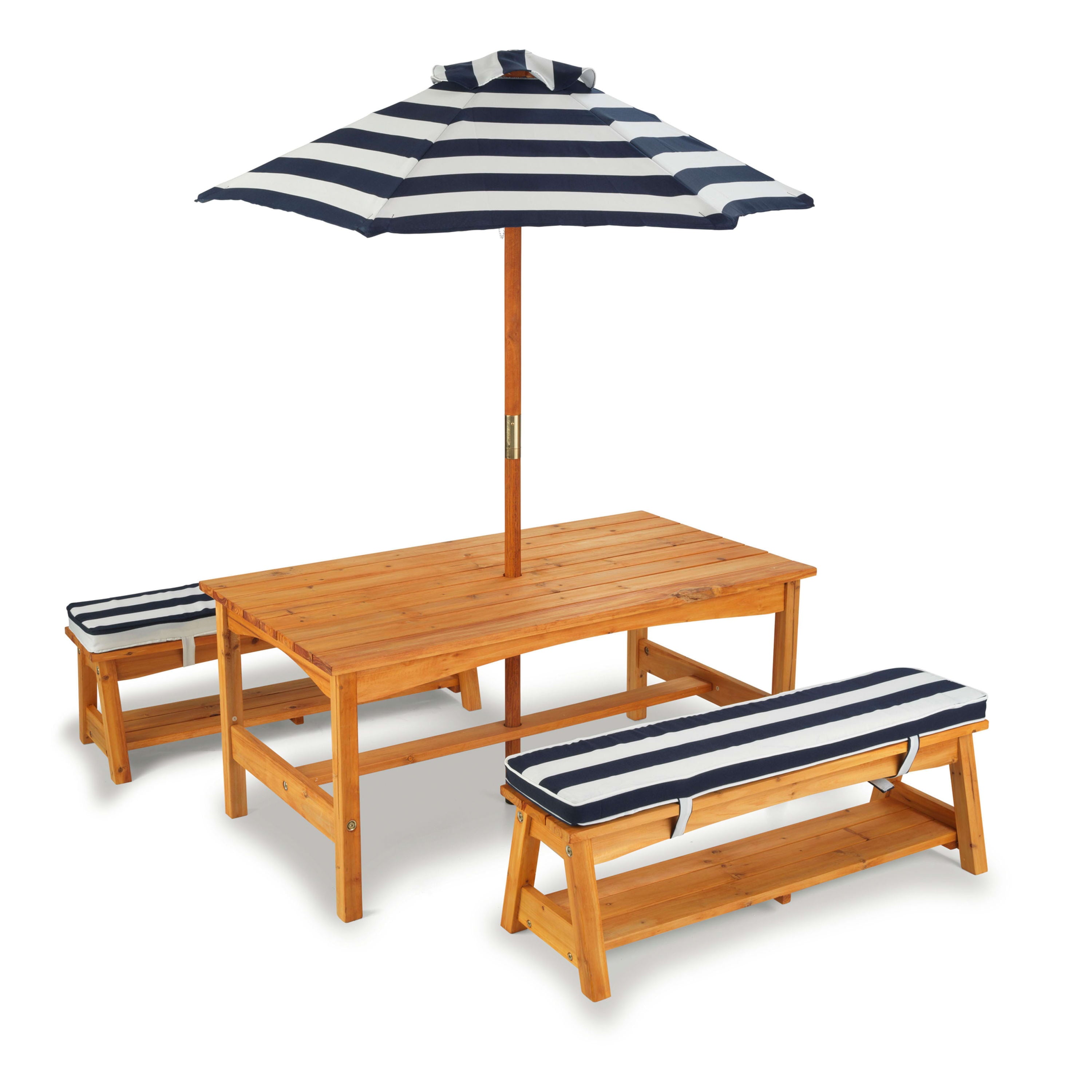 KidKraft Outdoor Wooden Table & Benches with Cushions & Umbrella, Navy