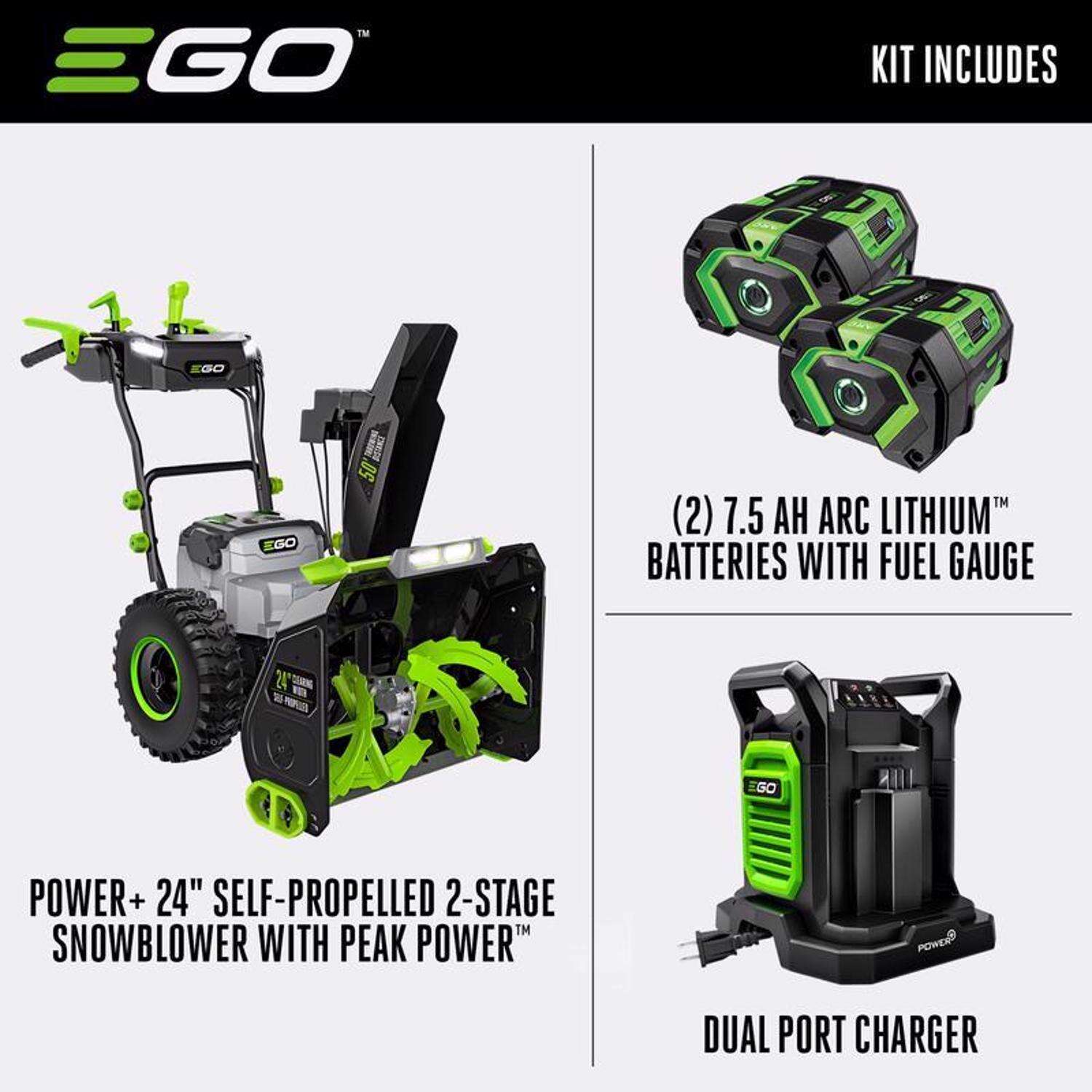 EGO Power+ Power SNT2405 24 in. Two stage 56 V Battery Snow Blower Kit (Battery and Charger) W/ TWO 7.5 AH BATTERIES