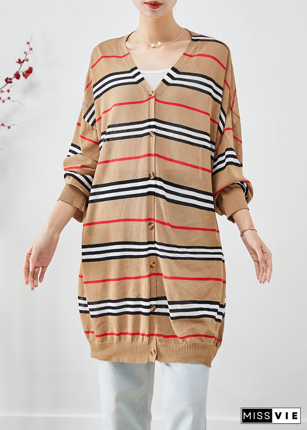 Art Khaki Oversized Striped Knit Cardigans Batwing Sleeve