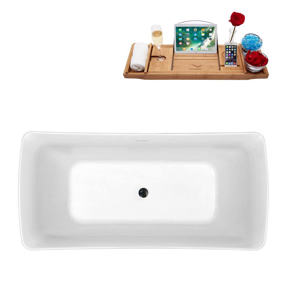 Streamline 62 in. Acrylic Flatbottom Freestanding Bathtub in Glossy White with Matte Black Drain N550BL