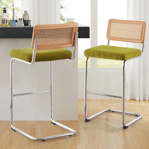 Modern Velvet Upholstered Bar/Counter Stools with Rattan Backrest