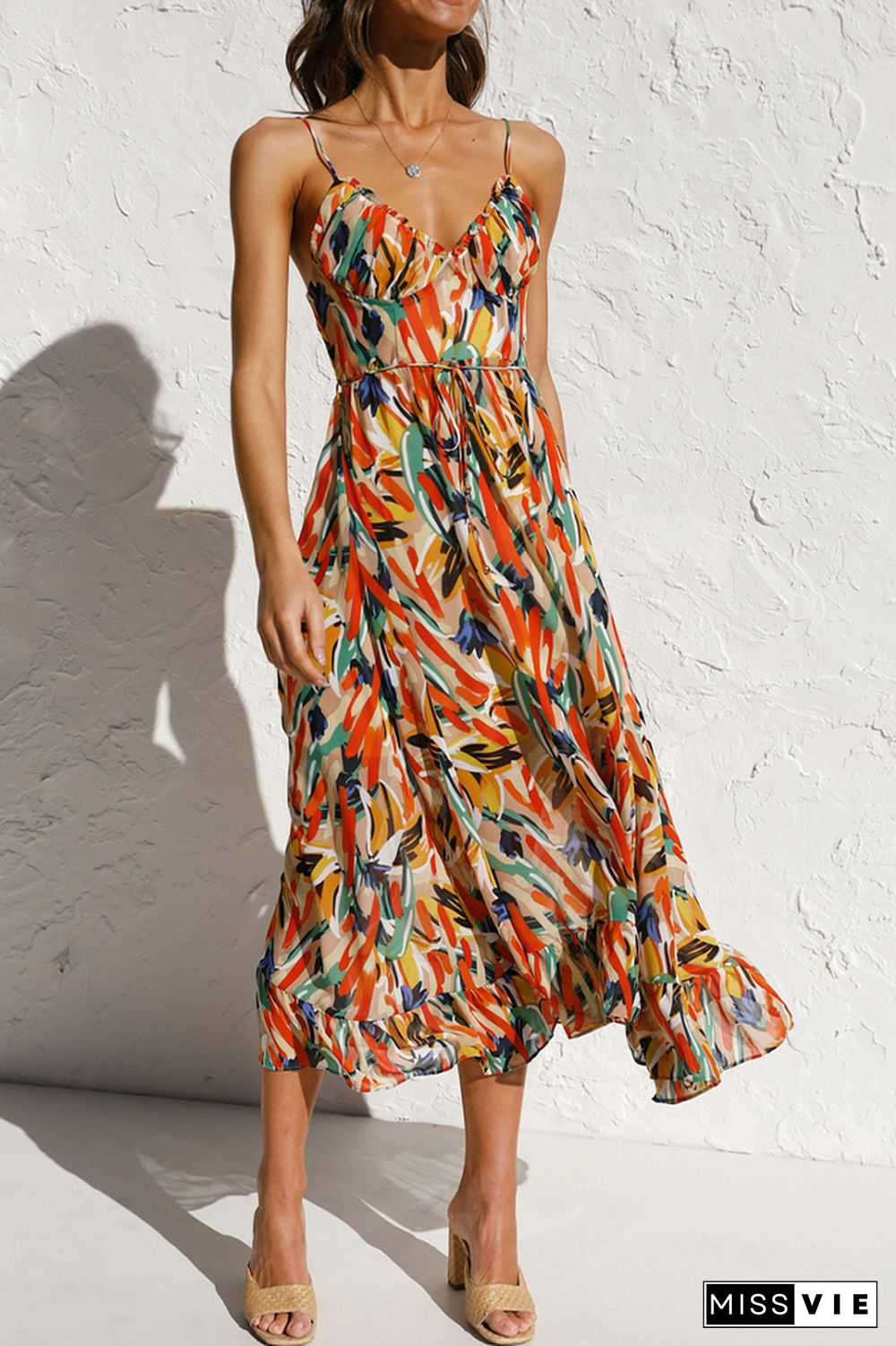 V Neck Halter Print Midi Dress Wholesale