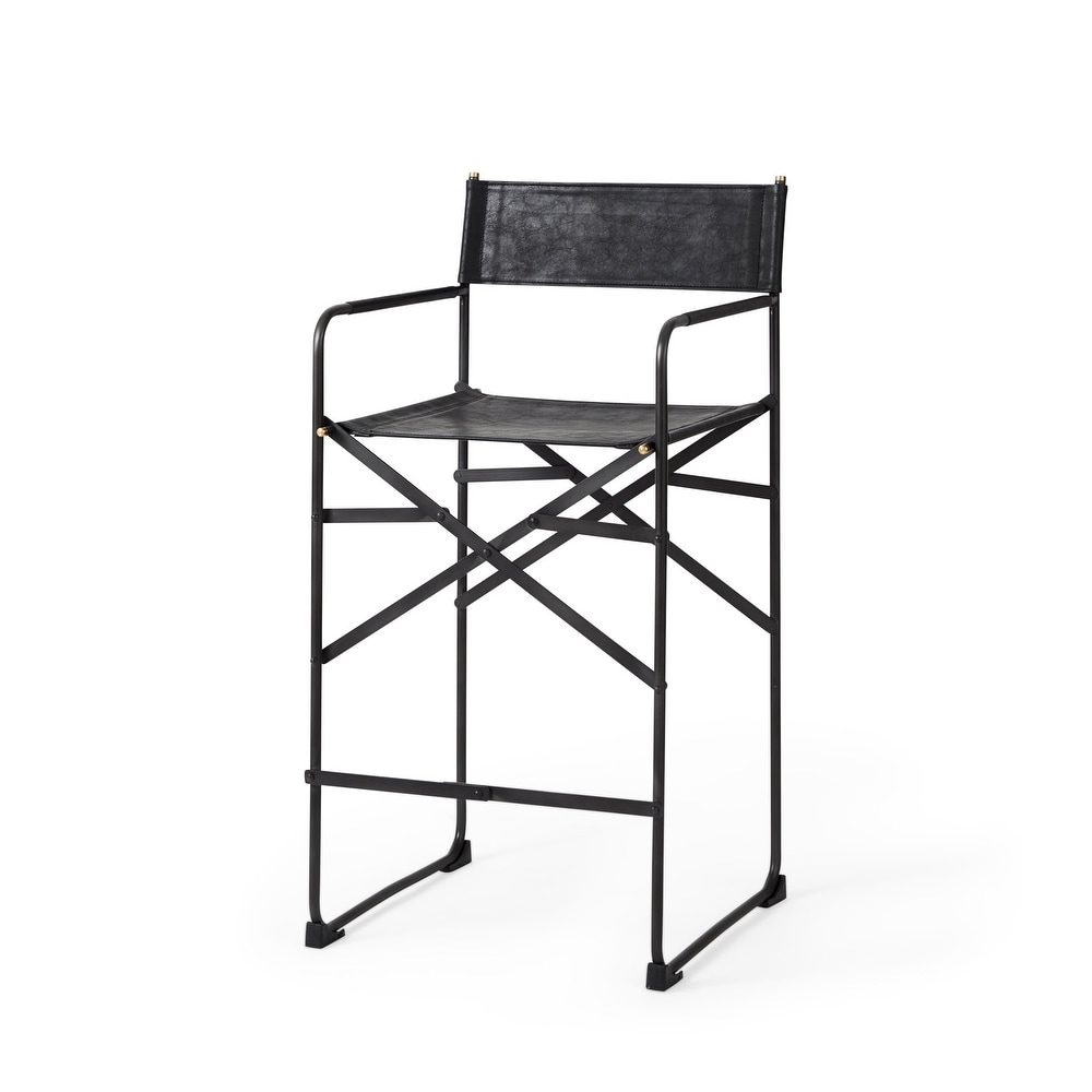 Direttore Black Genuine Leather Seat with Black Metal Frame Counter Stool