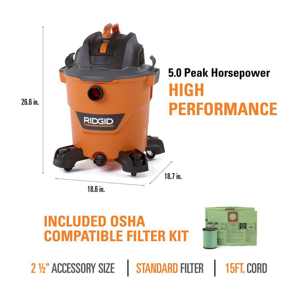 RIDGID 12 Gallon 5.0 Peak HP NXT WetDry Shop Vacuum with Filter Locking Hose Accessories OSHA and HEPA Filtration Kit HD1200E