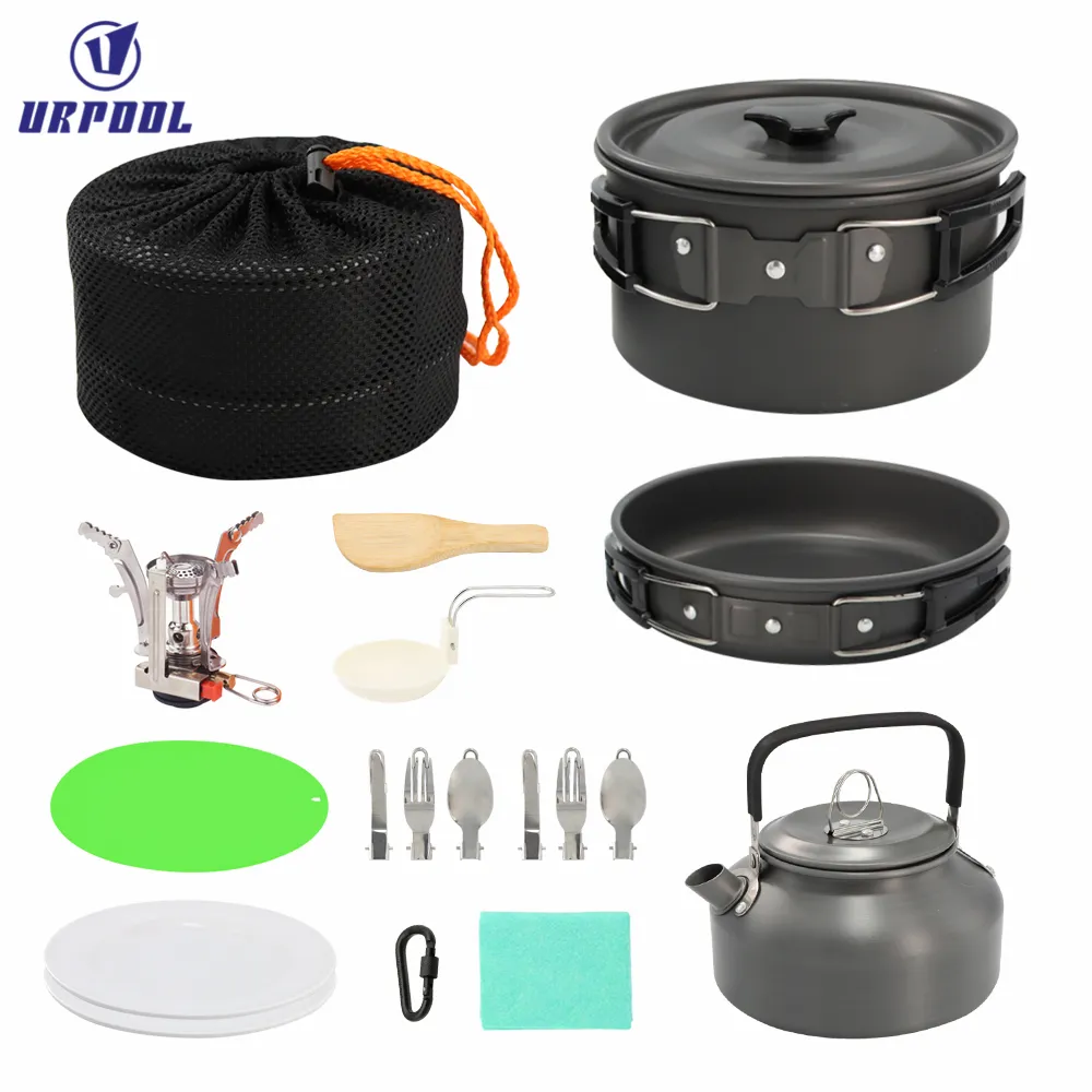 Outdoor Cooking Portable Pot Pan Kettle Aluminum oy Camping Cook set with Cutlery Set for camping and hiking