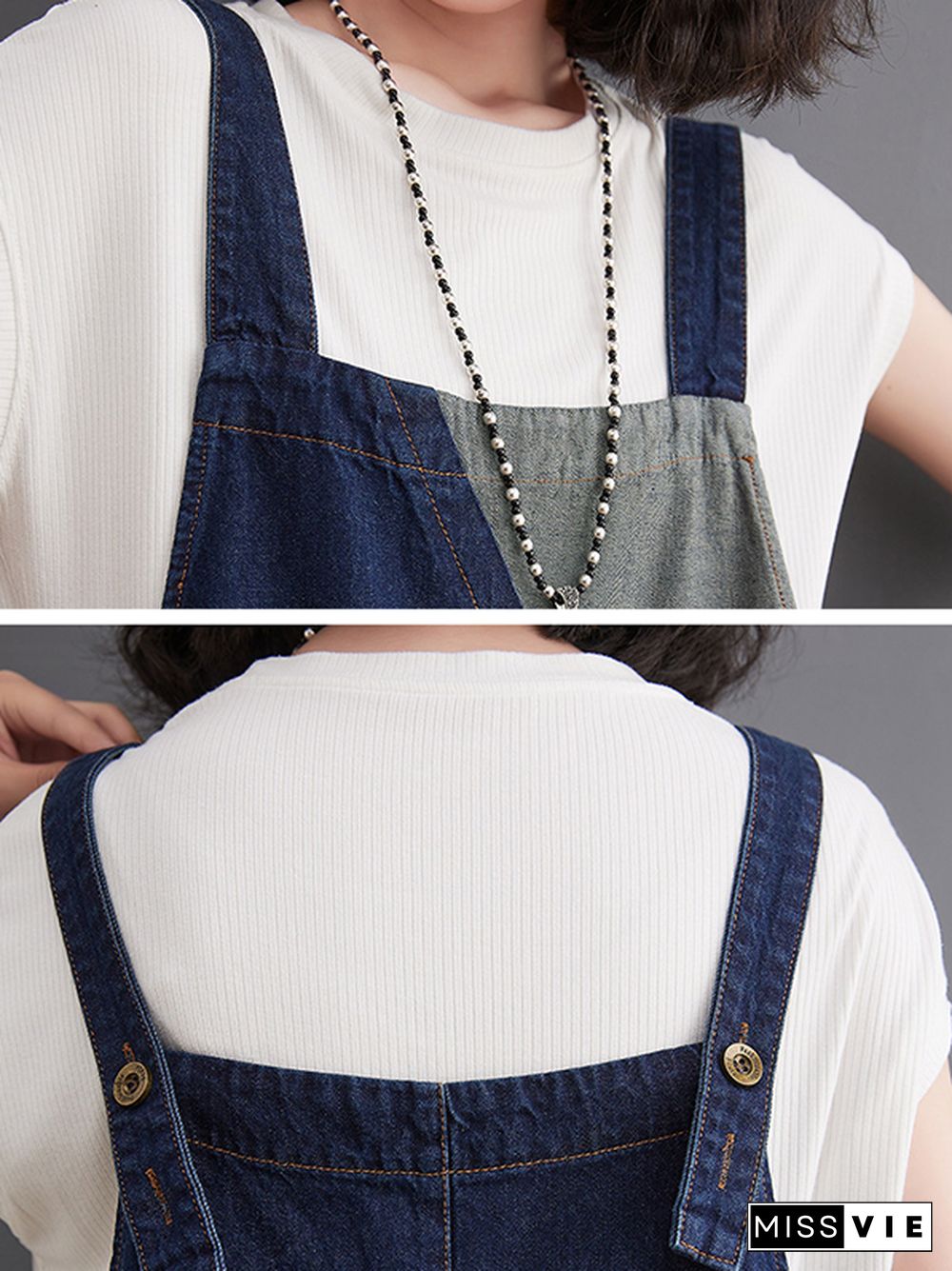 Casual Denim Contrast Color Split-Joint Overalls