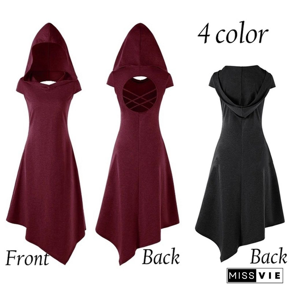 Gothic Medieval Style Women Hooded Criss Cross Irregular Handkerchief Dress Summer Casual Sleeveless Dress Asymmetrical Dresses