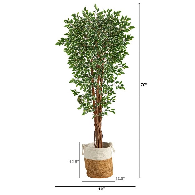 Nearly Natural 70-in Variegated Ficus Tree In Handmade Jute And Cotton Planter Uv Resistant (indoor/outdoor)