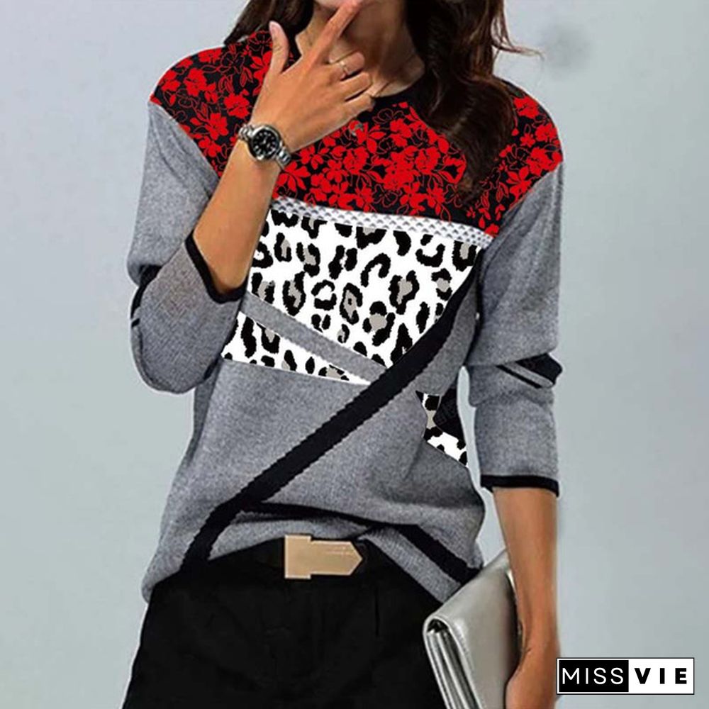 Women's Dress Spring New Fashion Women's Floral and Leopard Printed Long Sleeve Casual T-shirt Loose Soft and Comfortable Top S-5XL