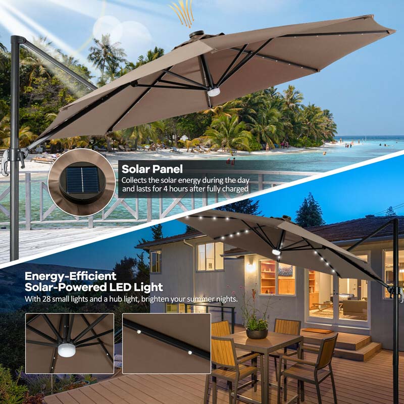 10 FT Cantilever Offset Patio Umbrella 28 Solar LED Lighted Market Umbrella with 3-Tilt Position, Crossed Base