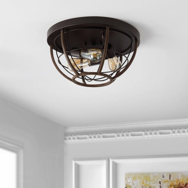 3 light Lyla Rustic Farmhouse Iron Led Flush Mount Wood Finished oil Rubbed Bronze Jonathan Y