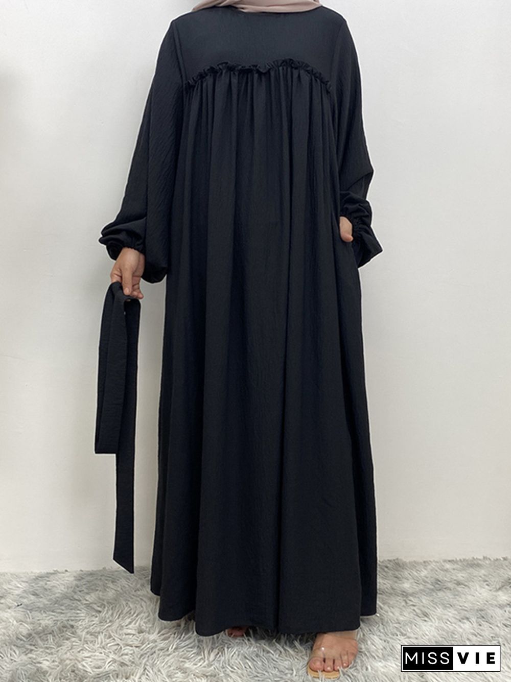 Bishop Sleeve Long Sleeves Elasticity Muslim Pleated Solid Color Split-Joint Tied Waist Round-Neck Maxi Dresses