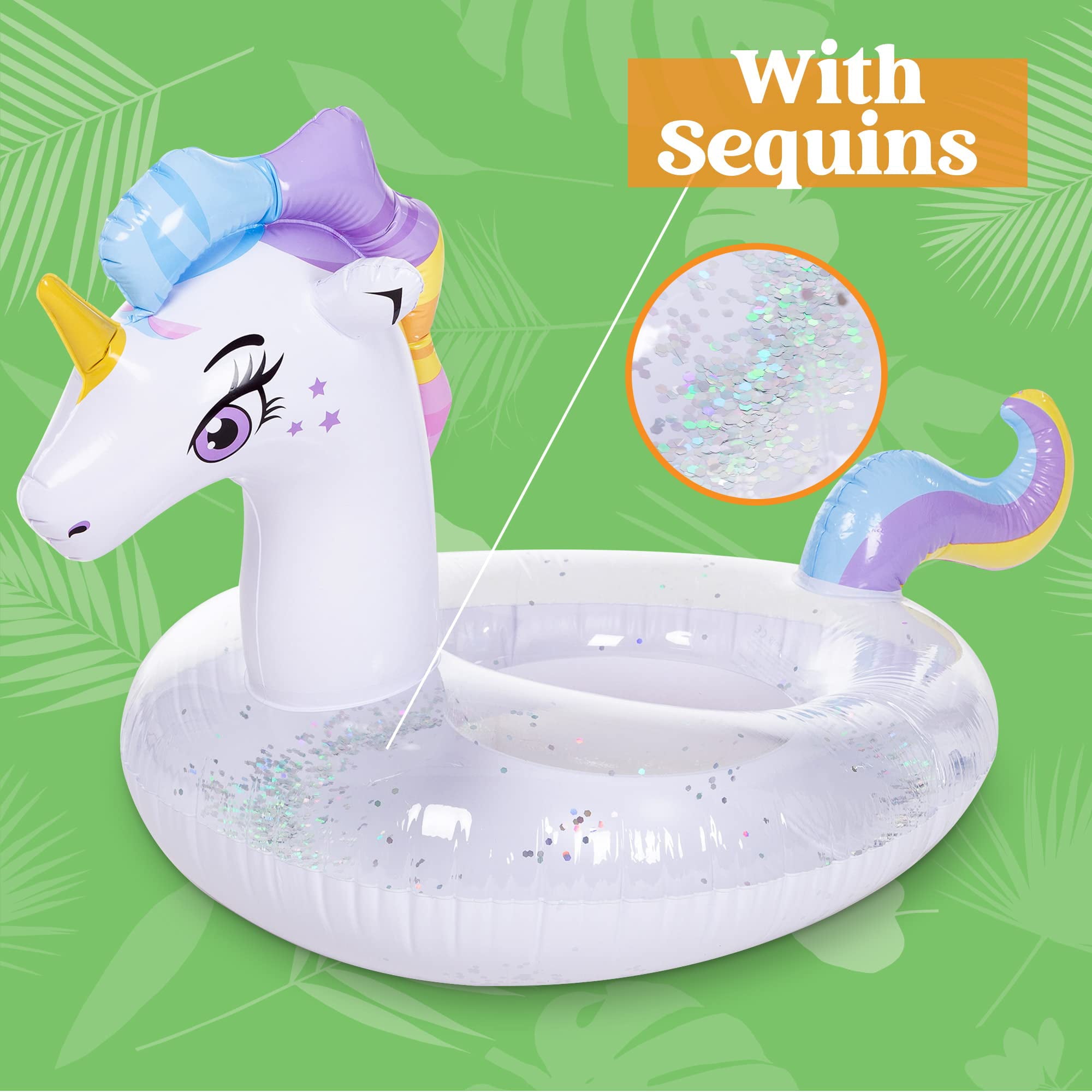 Inflatable Unicorn Pool Float with Glitters, Tubes for Floating, Fun Beach Floaties, Pool Toys, Summer Party Decorations for Kids (51” x 33.5” x 32.5”)