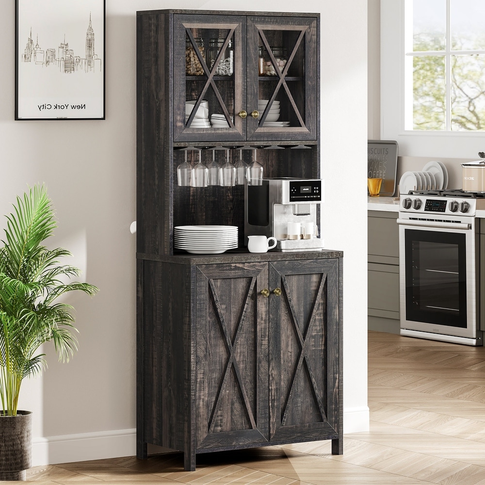 Farmhouse Bar Cabinet for Liquor and Glasses for Dining Room Kitchen Cabinet with Wine Rack