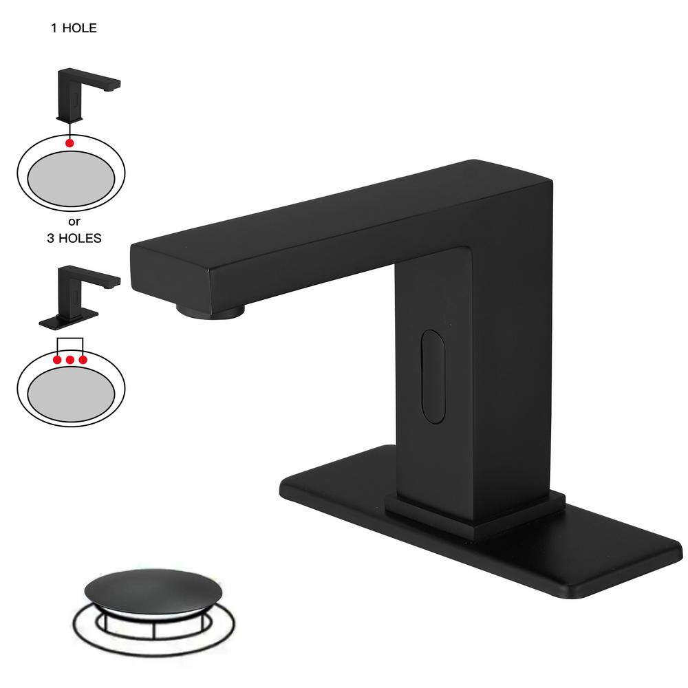 BWE DC Powered Commercial Touchless Single Hole Bathroom Faucet With Deck Plate And Pop Up Drain In Matte Black A-918108-B-2