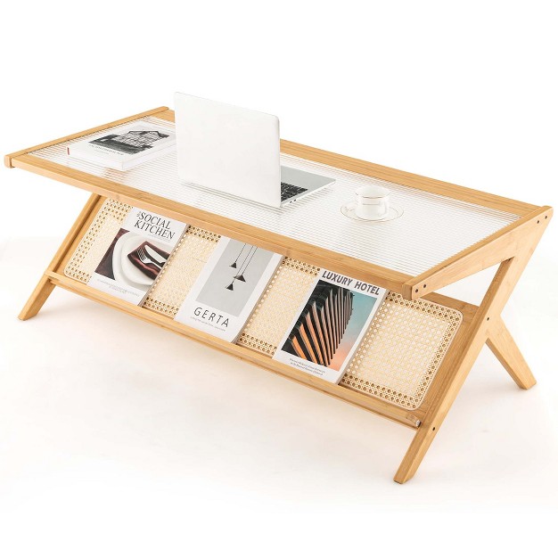 Costway Bamboo Coffee Table 48 x27 x27 2 tier Glass Tabletop Handwoven Rattan Storage Shelf