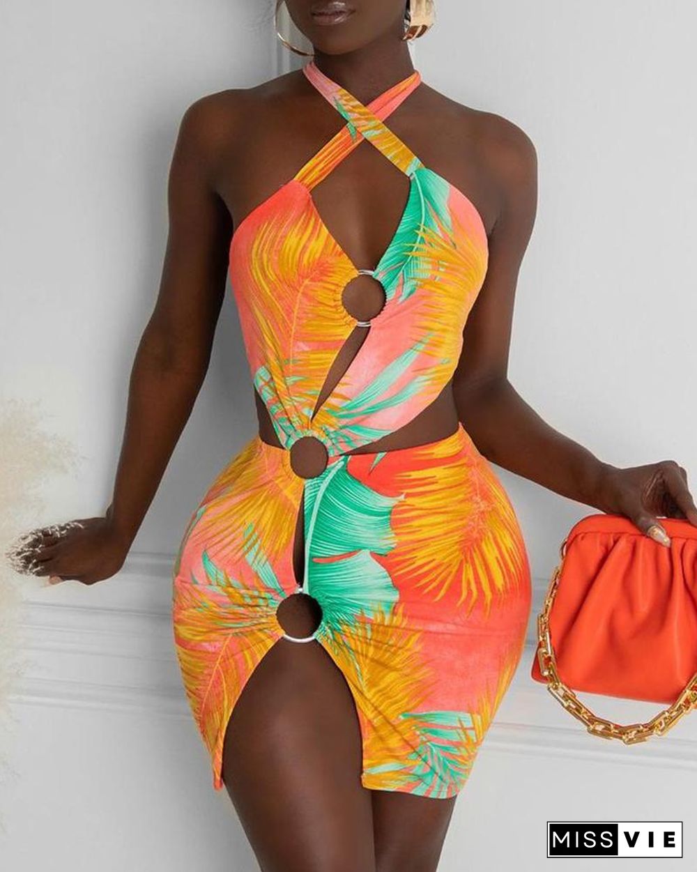 Tropical Print O-Ring Cutout Bodycon Dress