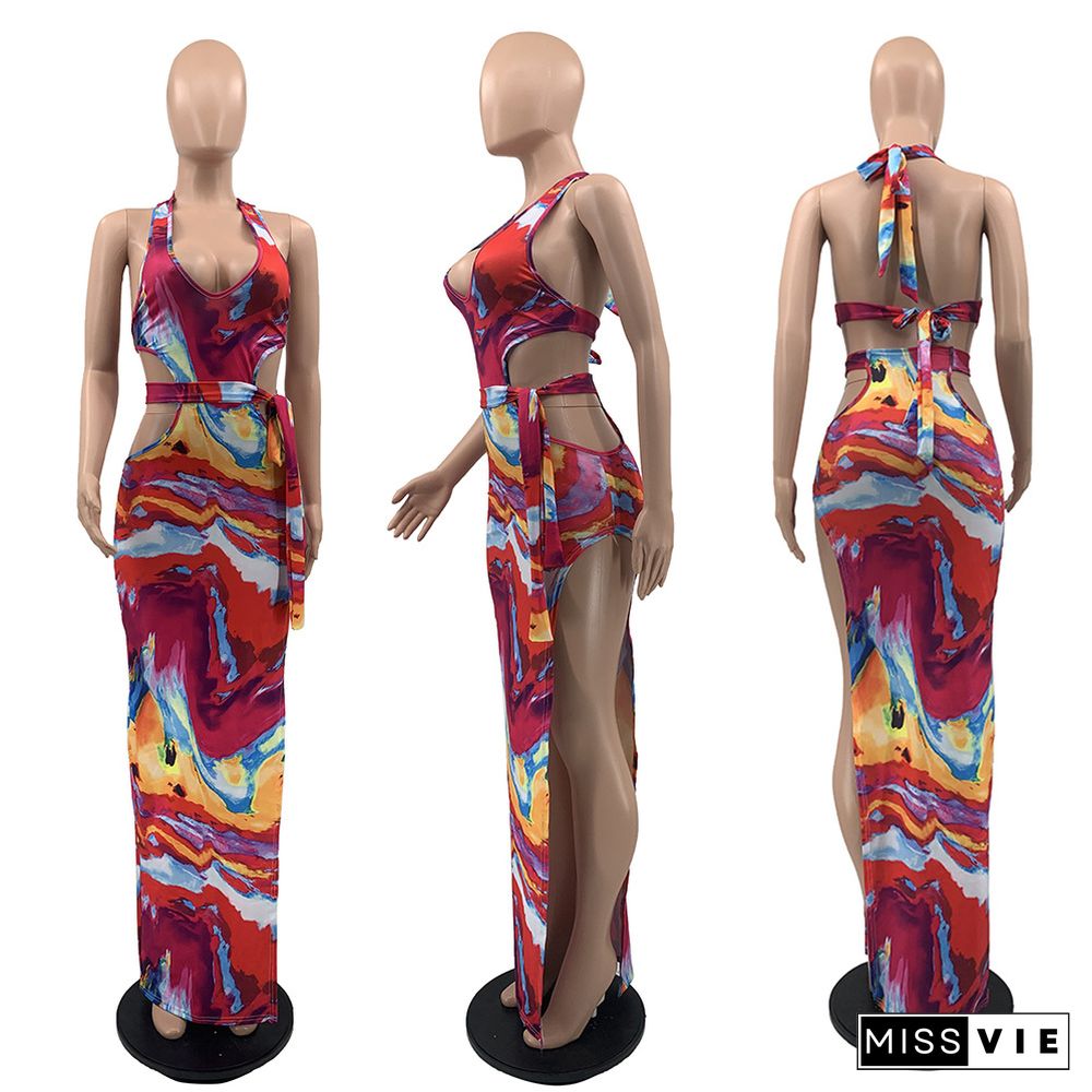 Sexy Tie Dye Summer Woman Clothes Lace Up Hollow Out Backless Split Halter Chic Skinny Long Dress