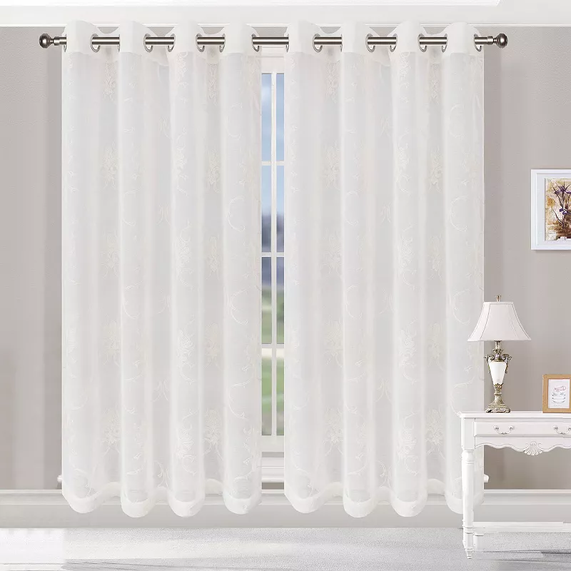 Superior Embroidered Elegant Scroll Sheer Grommet 2-Pack Window Curtain Set