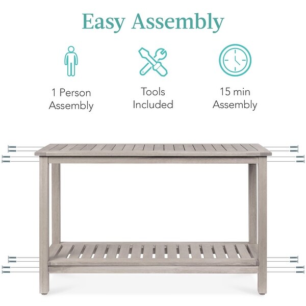 48in 2Shelf Eucalyptus Wooden Console Table Indoor Outdoor Multifunctional Buffet Bar Storage Organizer w/Foot Sliders