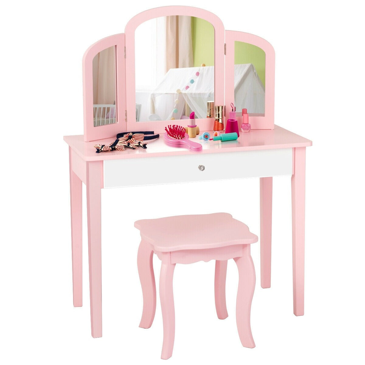 Costzon Kids Vanity Table, 2-in-1 Vanity Set with Detachable Top, Pretend Beauty Play Vanity Set for Girls