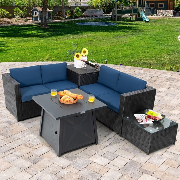 Tangkula 5 piece Outdoor Patio Furniture Set With 50 000 Btu Propane Fire Pit Table Patio Conversation Set W Cushions Storage Box Coffee Table