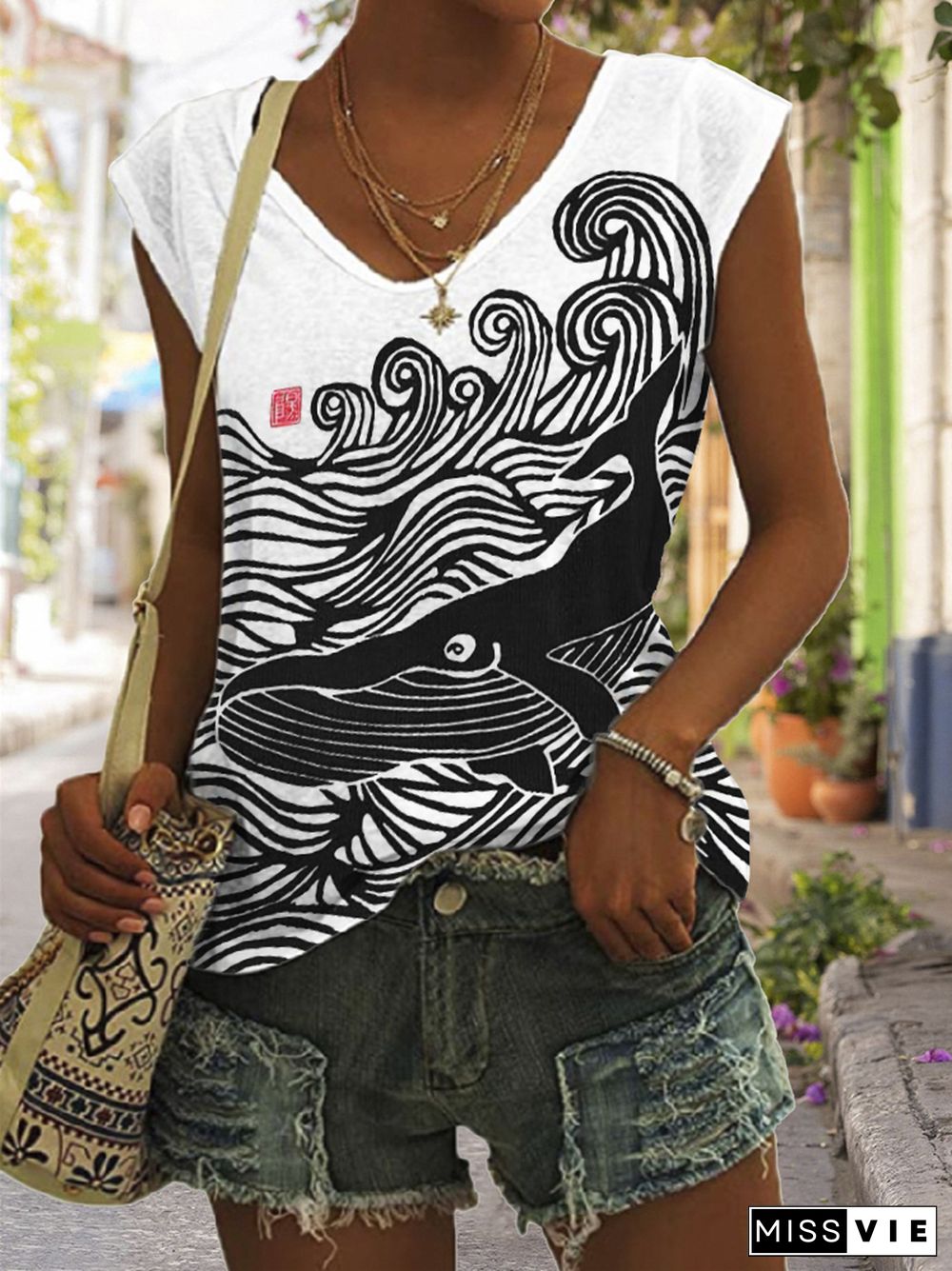 Whale & Waves Japanese Lino Art V Neck Tank Top