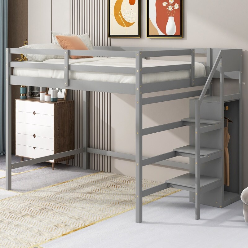 Modern Wooden Full Size Loft Bed with Built in Storage Wardrobe and Staircase