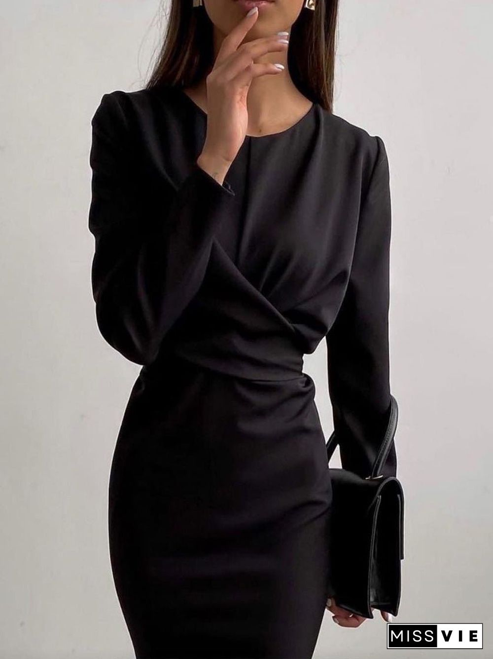 Women'S Dresses Round Neck Long Sleeve Slim Slit Midi Dress