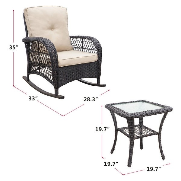 3-Pieces Conversation Set， Outdoor Wicker Rocker Swivel Patio Bistro Set， Rocking Chair with Glass Top Side Table for Garden - Overstock - 38006823