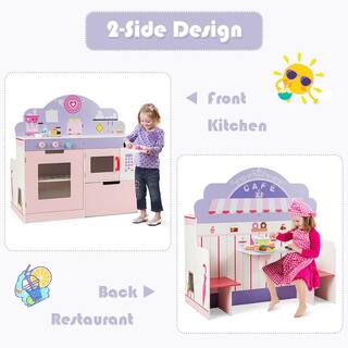 Costway 2-in-1 Kids Play Kitchen and Cafe Restaurant Wooden Pretend Cooking Playset Toy Pink HW64637