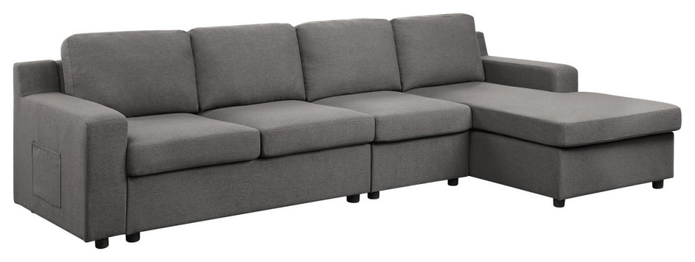 Waylon Gray Linen 4 Seater Sectional Sofa Chaise with Pocket   Transitional   Sectional Sofas   by Lilola Home  Houzz