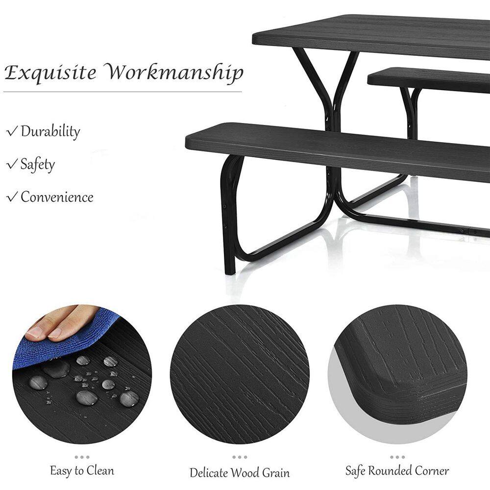 Alpulon Black All-Weather Metal Outdoor Picnic Table Bench Set with Metal Base Wood ZMWV521-B