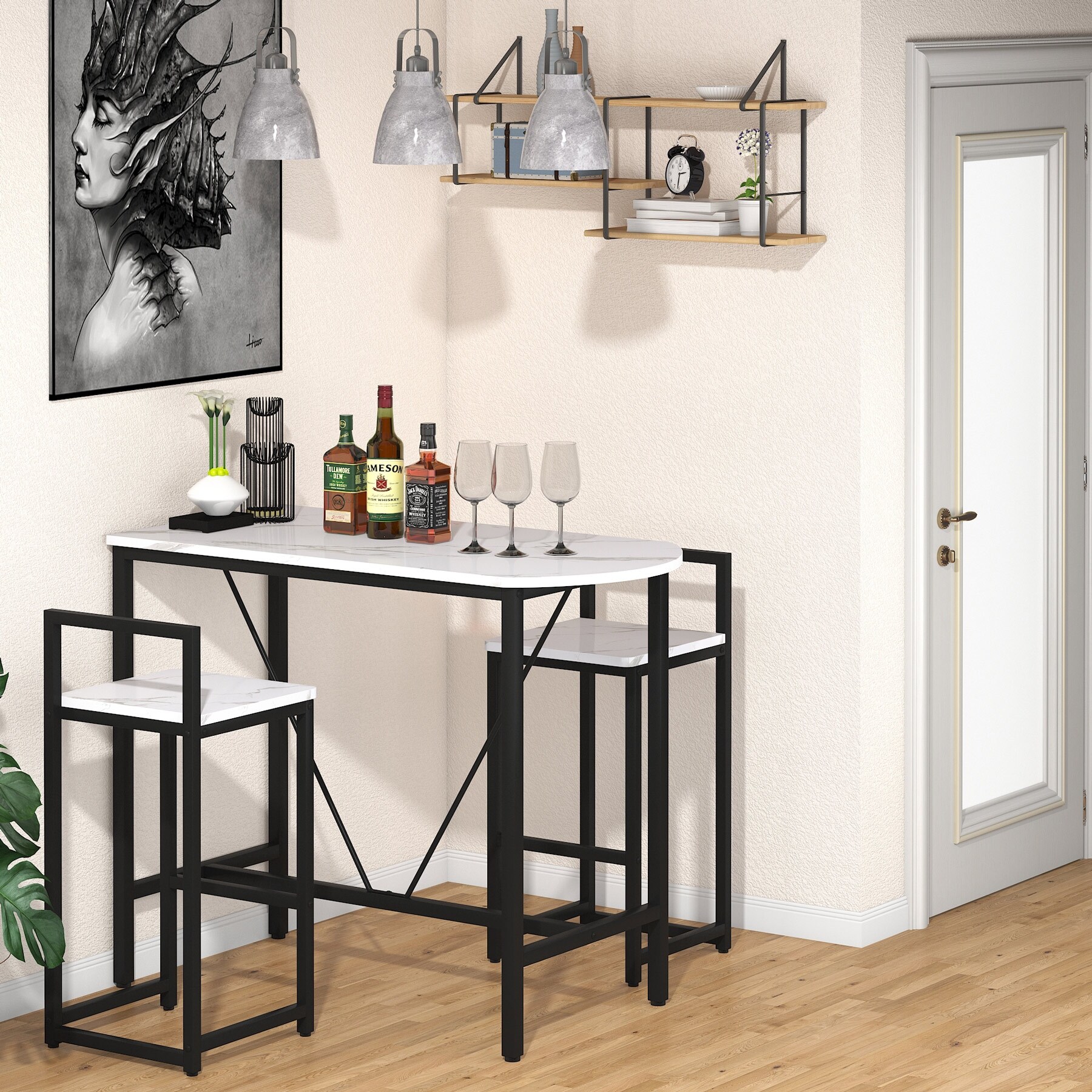 3-Piece Bar Table Set， Kitchen Pub Dining Table with 2 Bar Stools