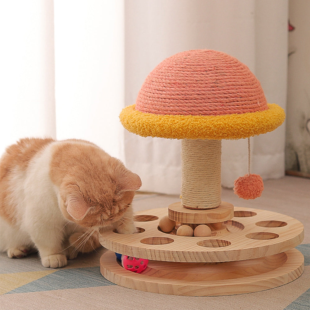 DENTRUN Cat Toy Roller， Interactive Cat Turntable Ball Track with Scratching Post Dangling Ball， Wood Maze Play Toy Ball for Indoor Cats Kittens