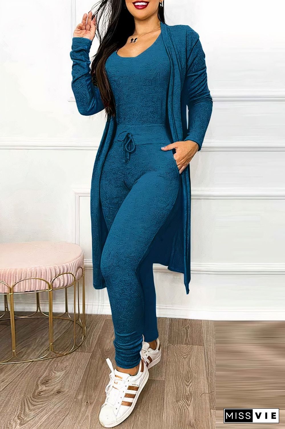 Solid Drawstring Waist Slant Pocket Jumpsuit & Coat Set