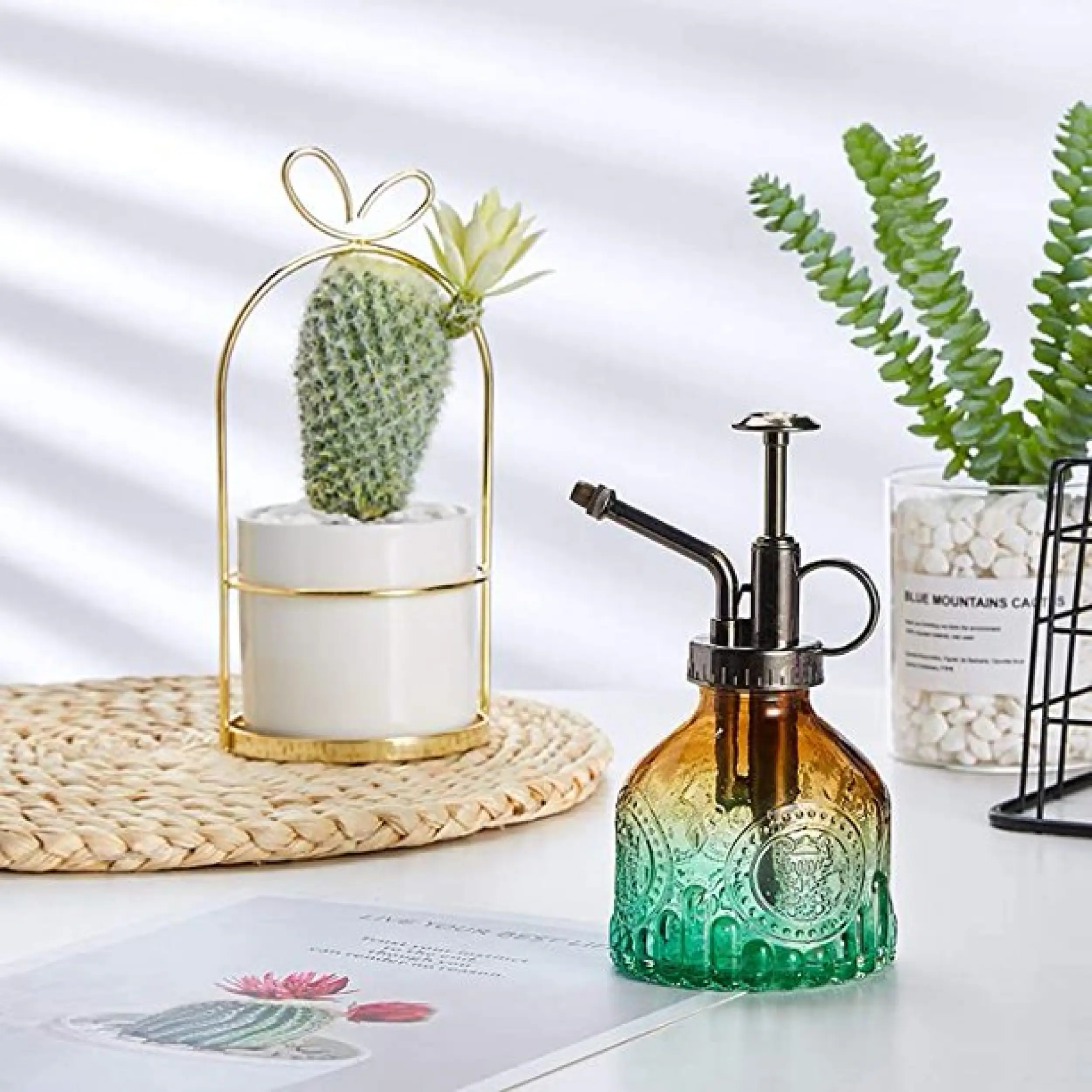 Luxury Quality Small Green Ombre Glass Plant Mister Sprayer with Antique Brass Nozzle for Succulent Plants Watering Indoor Plant