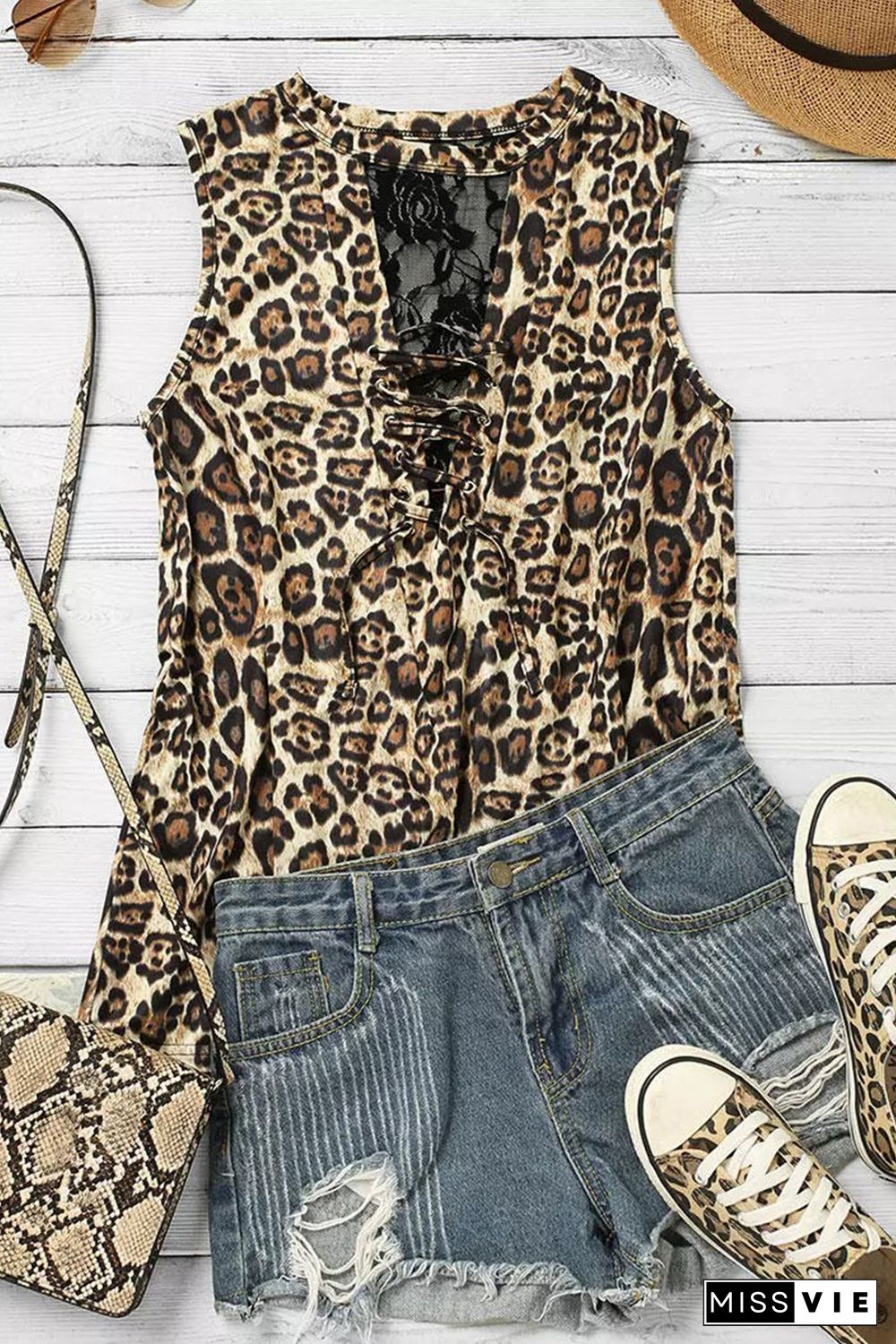 Criss Cross Front Contrast Lace Leopard Print Tank Top